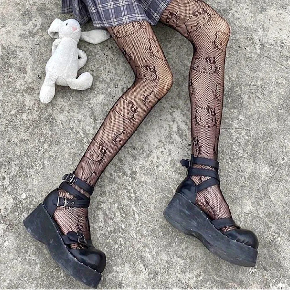 Nylon Black Fishnet Tights Hello Kitty Kawaii Sanrio Mesh Stockings Y2K Style